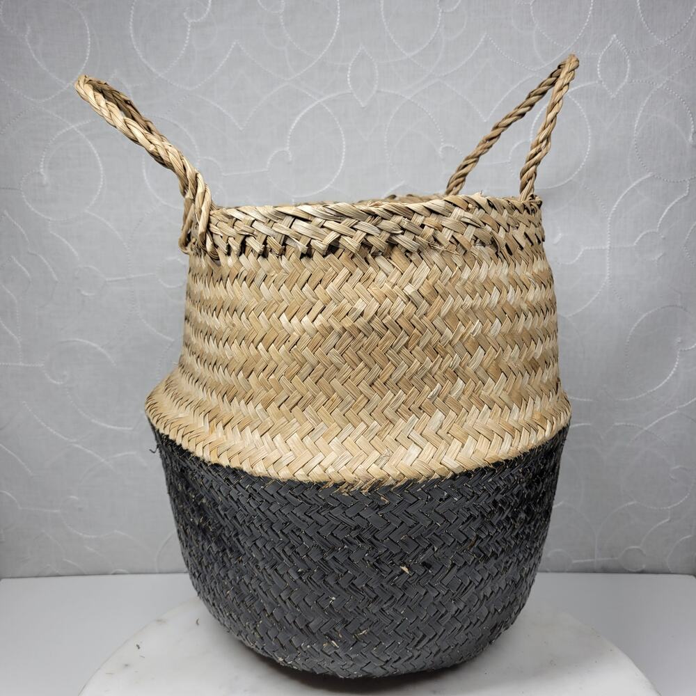 Seagrass Belly Basket 12" Tan Black Woven Wicker Home Storage Handles Lined New